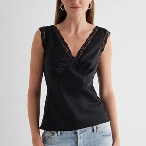 EXPRESS Satin V-Neck Pleated Lace Trim Tank